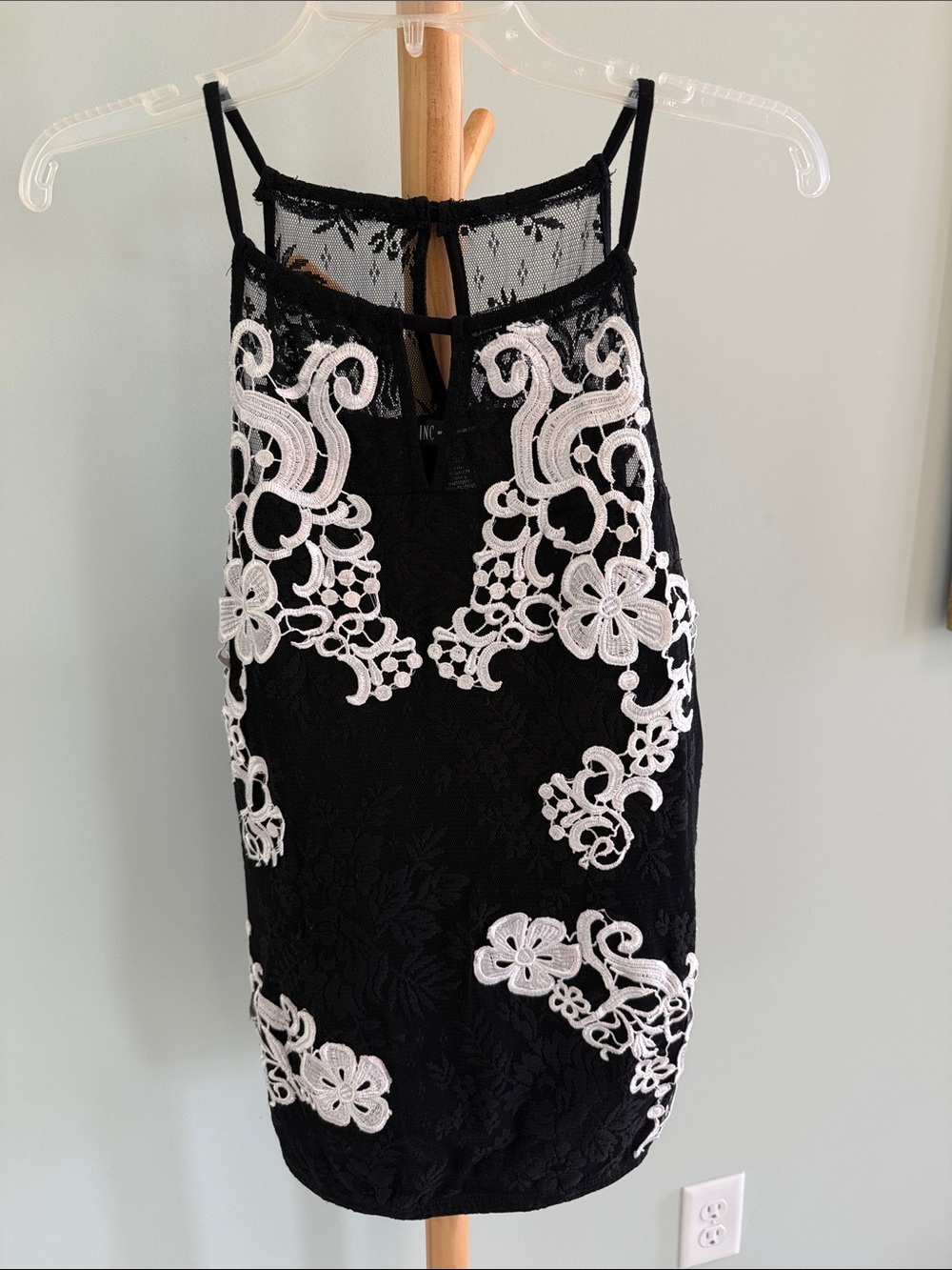 INC international concept Black sleeveless top with White Lace Appliqué NWOT